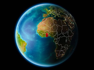 Gana son derece detaylı yüzey dokuları görünür kenarlık çizgileri ve şehir ışıkları ile gece Dünya gezegeninin yörüngeden. 3D çizim. Nasa tarafından döşenmiş bu görüntü unsurları.