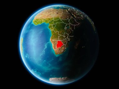 Botsvana görünür kenarlık çizgisi ve şehir ışıkları ile son derece detaylı yüzey dokuları ile gece Dünya gezegeninin yörüngeden. 3D çizim. Nasa tarafından döşenmiş bu görüntü unsurları.