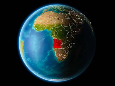 Son derece detaylı yüzey dokuları görünür kenarlık çizgileri ve şehir ışıkları ile gece Dünya gezegeninin yörüngesine Angola'dan. 3D çizim. Nasa tarafından döşenmiş bu görüntü unsurları.