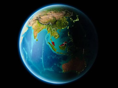 Malezya son derece detaylı yüzey dokuları görünür kenarlık çizgileri ve şehir ışıkları ile gece Dünya gezegeninin yörüngeden. 3D çizim. Nasa tarafından döşenmiş bu görüntü unsurları.