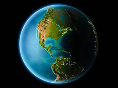 Bahamalar görünür kenarlık çizgisi ve şehir ışıkları ile son derece detaylı yüzey dokuları ile gece Dünya gezegeninin yörüngeden. 3D çizim. Nasa tarafından döşenmiş bu görüntü unsurları.