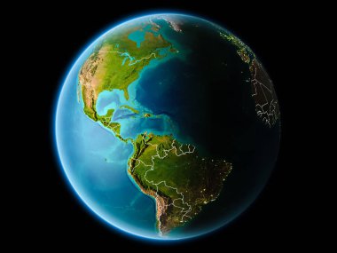 Karayipler çok detaylı yüzey dokuları görünür kenarlık çizgileri ve şehir ışıkları ile gece Dünya gezegeninin yörüngeden. 3D çizim. Nasa tarafından döşenmiş bu görüntü unsurları.