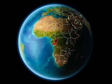 Son derece detaylı yüzey dokuları görünür kenarlık çizgileri ve şehir ışıkları ile gece Dünya gezegeninin yörüngesine Kongo'dan. 3D çizim. Nasa tarafından döşenmiş bu görüntü unsurları.