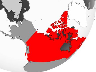 Resimde saydam okyanuslar ile gri küre kırmızı vurgulanır Kanada. 3D çizim.