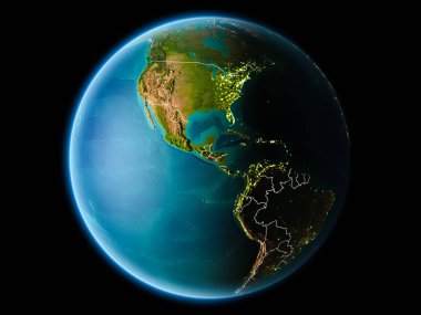 El Salvador görünür kenarlık çizgisi ve şehir ışıkları ile son derece detaylı yüzey dokuları ile gece Dünya gezegeninin yörüngeden. 3D çizim. Nasa tarafından döşenmiş bu görüntü unsurları.