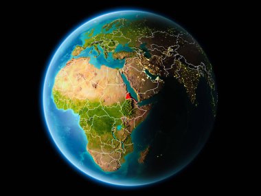 Eritre görünür kenarlık çizgisi ve şehir ışıkları ile son derece detaylı yüzey dokuları ile gece Dünya gezegeninin yörüngeden. 3D çizim. Nasa tarafından döşenmiş bu görüntü unsurları.