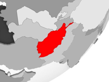 Resimde saydam okyanuslar ile gri küre kırmızı vurgulanır Afganistan'ın. 3D çizim.