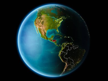 Honduras son derece detaylı yüzey dokuları görünür kenarlık çizgileri ve şehir ışıkları ile gece Dünya gezegeninin yörüngeden. 3D çizim. Nasa tarafından döşenmiş bu görüntü unsurları.
