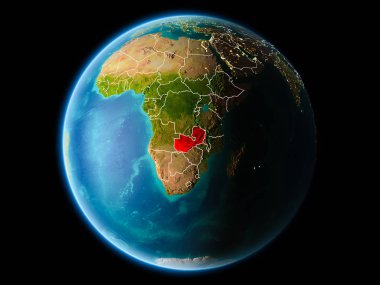 Son derece detaylı yüzey dokuları görünür kenarlık çizgileri ve şehir ışıkları ile gece Dünya gezegeninin yörüngeden Zambiya. 3D çizim. Nasa tarafından döşenmiş bu görüntü unsurları.