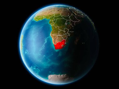Güney Afrika son derece detaylı yüzey dokuları görünür kenarlık çizgileri ve şehir ışıkları ile gece Dünya gezegeninin yörüngeden. 3D çizim. Nasa tarafından döşenmiş bu görüntü unsurları.