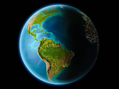 Fransız Guyanası görünür kenarlık çizgisi ve şehir ışıkları ile son derece detaylı yüzey dokuları ile gece Dünya gezegeninin yörüngeden. 3D çizim. Nasa tarafından döşenmiş bu görüntü unsurları.