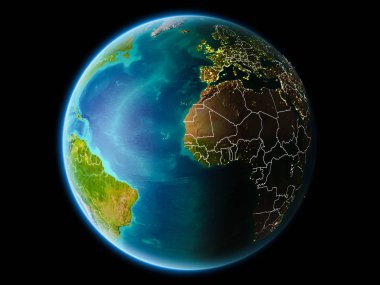 Gambiya görünür kenarlık çizgisi ve şehir ışıkları ile son derece detaylı yüzey dokuları ile gece Dünya gezegeninin yörüngeden. 3D çizim. Nasa tarafından döşenmiş bu görüntü unsurları.