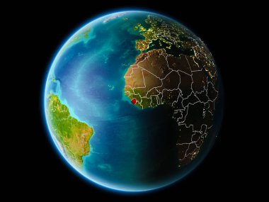 Son derece detaylı yüzey dokuları görünür kenarlık çizgileri ve şehir ışıkları ile gece Dünya gezegeninin yörüngeden Sierra Leone. 3D çizim. Nasa tarafından döşenmiş bu görüntü unsurları.