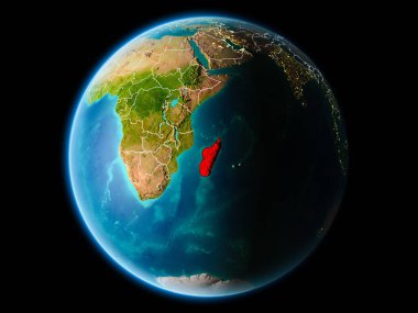 Madagaskar son derece detaylı yüzey dokuları görünür kenarlık çizgileri ve şehir ışıkları ile gece Dünya gezegeninin yörüngeden. 3D çizim. Nasa tarafından döşenmiş bu görüntü unsurları.