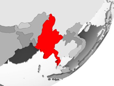 Şeffaf okyanuslar ile gri küre kırmızı vurgulanır Myanmar Illustration. 3D çizim.