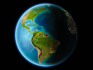 Surinam görünür kenarlık çizgisi ve şehir ışıkları ile son derece detaylı yüzey dokuları ile gece Dünya gezegeninin yörüngeden. 3D çizim. Nasa tarafından döşenmiş bu görüntü unsurları.