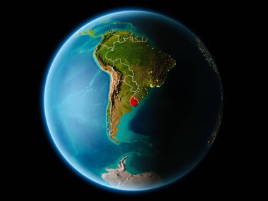 Uruguay çok detaylı yüzey dokuları görünür kenarlık çizgileri ve şehir ışıkları ile gece Dünya gezegeninin yörüngeden. 3D çizim. Nasa tarafından döşenmiş bu görüntü unsurları.