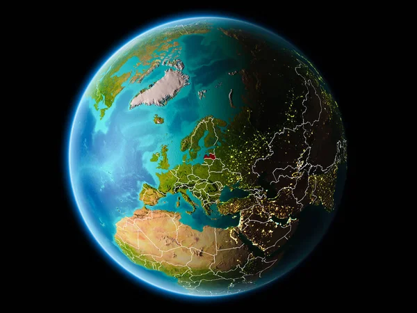 Letonya ile son derece detaylı yüzey dokuları görünür kenarlık çizgisi ve şehir ışıkları ile gece Dünya gezegeninin yörüngeden. 3D çizim. Nasa tarafından döşenmiş bu görüntü unsurları.