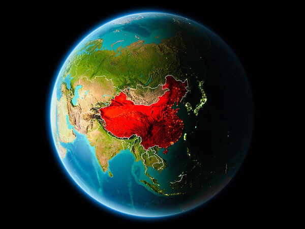 China from orbit of planet Earth at night with highly detailed surface textures with visible border lines and city lights. 3D illustration. Elements of this image furnished by NASA.