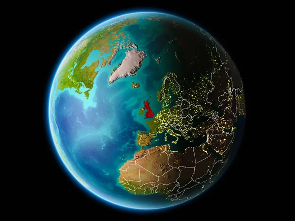 Son derece detaylı yüzey dokuları görünür kenarlık çizgileri ve şehir ışıkları ile gece Dünya gezegeninin yörüngeden İngiltere. 3D çizim. Nasa tarafından döşenmiş bu görüntü unsurları.