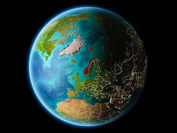 Norveç son derece detaylı yüzey dokuları görünür kenarlık çizgileri ve şehir ışıkları ile gece Dünya gezegeninin yörüngeden. 3D çizim. Nasa tarafından döşenmiş bu görüntü unsurları.