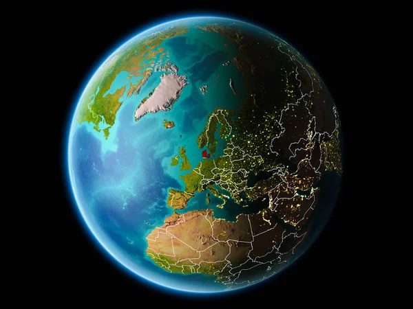丹麦从行星地球的轨道在晚上与高度详细的表面纹理与可看见的边界线和城市光 Nasa 提供的这幅图像的元素 — 图库照片