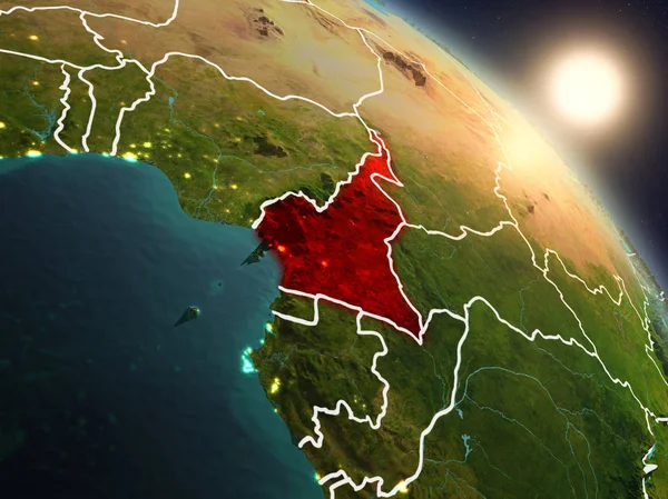 Günbatımı Kamerun Planet Earth görünür ülke sınırları ile uzaydan yukarıda. 3D çizim. Nasa tarafından döşenmiş bu görüntü unsurları.
