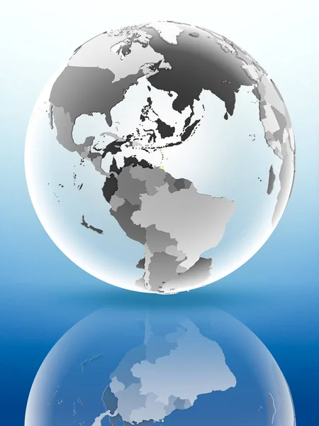 Caribbean with flag on globe reflecting on shiny surface. 3D illustration.