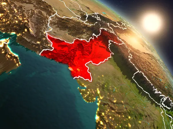 Günbatımı Pakistan görünür ülke sınırları ile gezegeni uzaydan yukarıda. 3D çizim. Nasa tarafından döşenmiş bu görüntü unsurları.