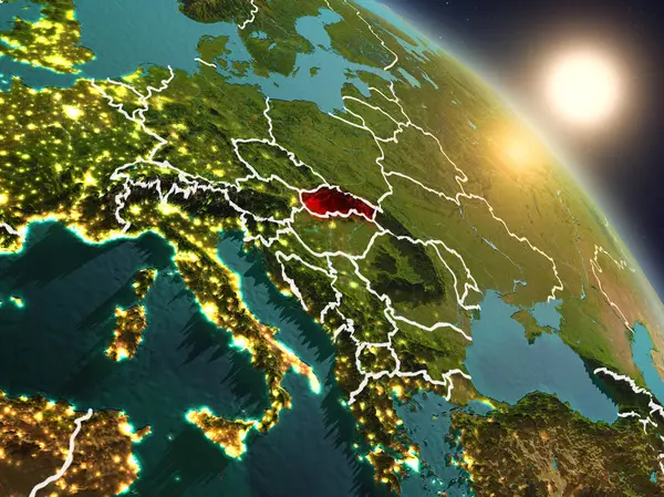 Günbatımı Slovakya Planet Earth görünür ülke sınırları ile uzaydan yukarıda. 3D çizim. Nasa tarafından döşenmiş bu görüntü unsurları.