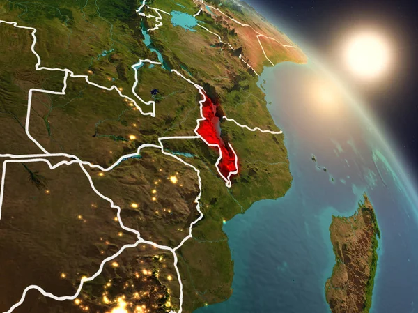 Günbatımı Malavi Planet Earth görünür ülke sınırları ile uzaydan yukarıda. 3D çizim. Nasa tarafından döşenmiş bu görüntü unsurları.