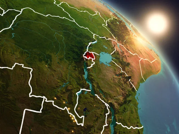 Puesta Sol Sobre Ruanda Desde Espacio Planeta Tierra Con Fronteras — Foto de Stock