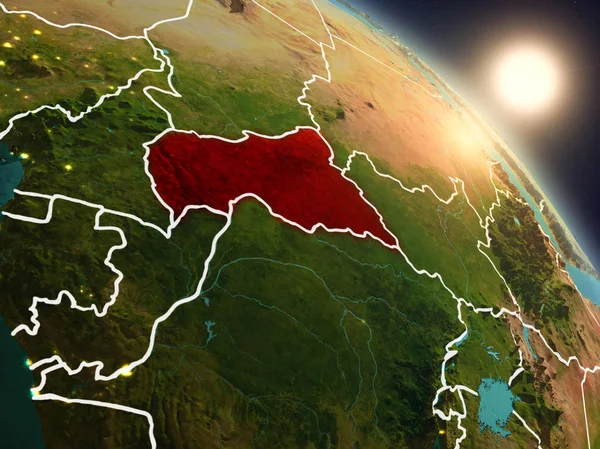 Günbatımı Orta Afrika Planet Earth görünür ülke sınırları ile uzaydan yukarıda. 3D çizim. Nasa tarafından döşenmiş bu görüntü unsurları.