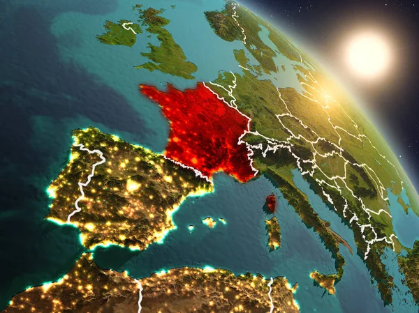 Günbatımı Fransa Planet Earth görünür ülke sınırları ile uzaydan yukarıda. 3D çizim. Nasa tarafından döşenmiş bu görüntü unsurları.