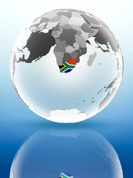 South Africa with flag on globe reflecting on shiny surface. 3D illustration.