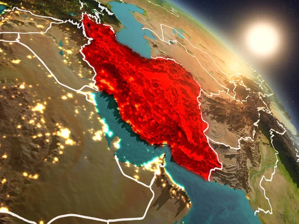 İran'dan alan Planet Earth görünür ülke sınırları ile yukarıda gün batımı. 3D çizim. Nasa tarafından döşenmiş bu görüntü unsurları.