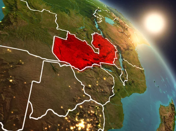 Günbatımı Zambiya Planet Earth görünür ülke sınırları ile uzaydan yukarıda. 3D çizim. Nasa tarafından döşenmiş bu görüntü unsurları.
