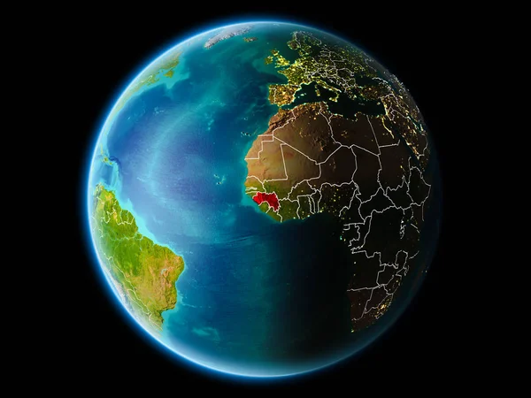 Gine gezegenin Dünya'ya son derece detaylı yüzey dokuları görünür kenarlık çizgileri ve şehir ışıkları ile gece yörüngeden. 3D çizim. Nasa tarafından döşenmiş bu görüntü unsurları.