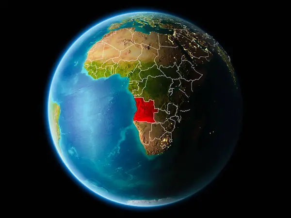 Son derece detaylı yüzey dokuları görünür kenarlık çizgileri ve şehir ışıkları ile gece Dünya gezegeninin yörüngesine Angola'dan. 3D çizim. Nasa tarafından döşenmiş bu görüntü unsurları.