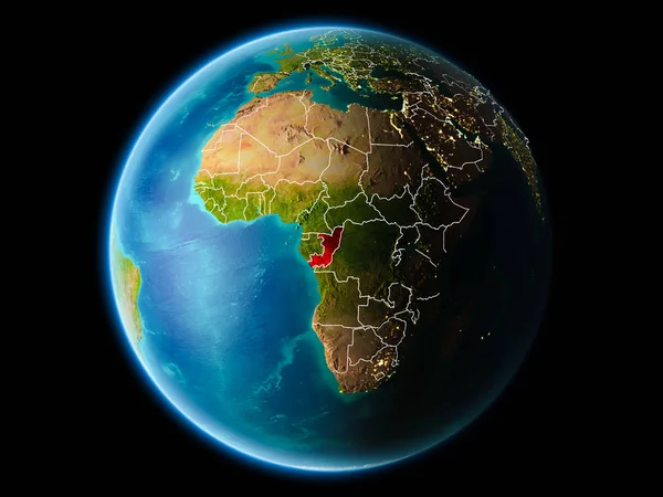 Son derece detaylı yüzey dokuları görünür kenarlık çizgileri ve şehir ışıkları ile gece Dünya gezegeninin yörüngesine Kongo'dan. 3D çizim. Nasa tarafından döşenmiş bu görüntü unsurları.