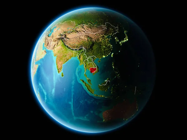 Kamboçya'dan gece görünür kenarlık çizgisi ve şehir ışıkları ile son derece detaylı yüzey dokuları ile Dünya gezegeninin yörüngesine. 3D çizim. Nasa tarafından döşenmiş bu görüntü unsurları.