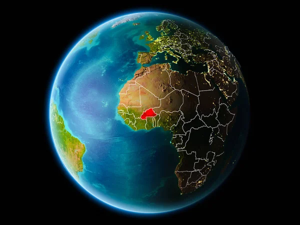 Son derece detaylı yüzey dokuları görünür kenarlık çizgileri ve şehir ışıkları ile gece Dünya gezegeninin yörüngeden Burkina Faso. 3D çizim. Nasa tarafından döşenmiş bu görüntü unsurları.