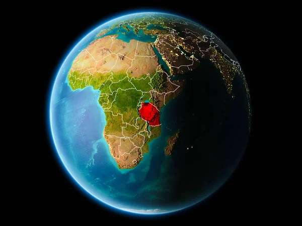 Танзания Орбиты Планеты Земля Ночью Подробными Поверхностными Текстурами Видимыми Пограничными — стоковое фото