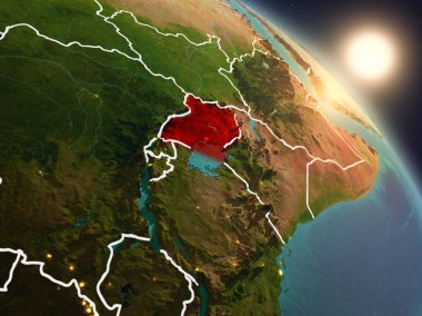 Günbatımı Uganda Planet Earth görünür ülke sınırları ile uzaydan yukarıda. 3D çizim. Nasa tarafından döşenmiş bu görüntü unsurları.