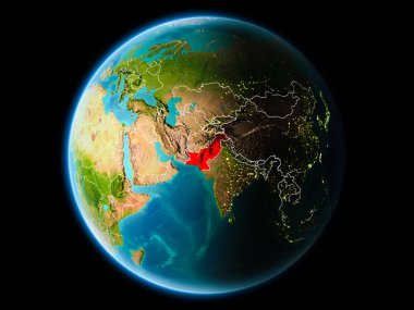 Pakistan görünür kenarlık çizgisi ve şehir ışıkları ile son derece detaylı yüzey dokuları ile gece Dünya gezegeninin yörüngeden. 3D çizim. Nasa tarafından döşenmiş bu görüntü unsurları.