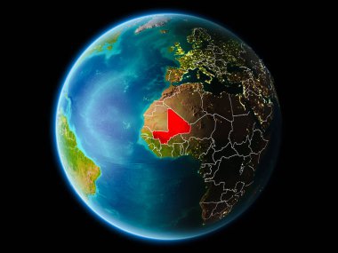 Mali görünür kenarlık çizgisi ve şehir ışıkları ile son derece detaylı yüzey dokuları ile gece Dünya gezegeninin yörüngeden. 3D çizim. Nasa tarafından döşenmiş bu görüntü unsurları.