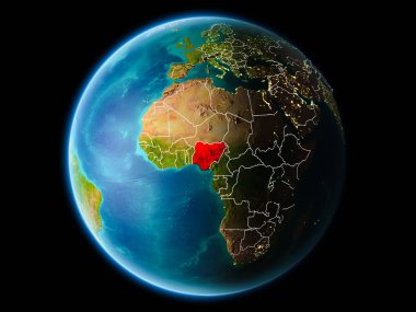 Son derece detaylı yüzey dokuları görünür kenarlık çizgileri ve şehir ışıkları ile gece Dünya gezegeninin yörüngesine Nijerya'dan. 3D çizim. Nasa tarafından döşenmiş bu görüntü unsurları.