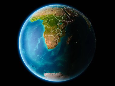 Svaziland görünür kenarlık çizgisi ve şehir ışıkları ile son derece detaylı yüzey dokuları ile gece Dünya gezegeninin yörüngeden. 3D çizim. Nasa tarafından döşenmiş bu görüntü unsurları.