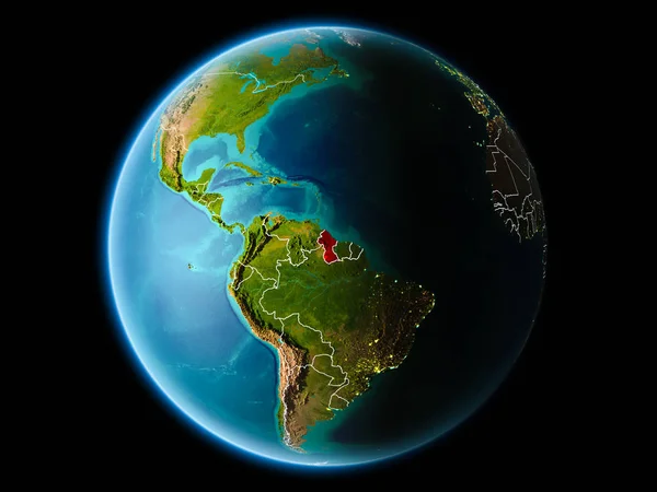 圭亚那从行星地球的轨道在晚上与高度详细的表面纹理与可看见的边界线和城市光 Nasa 提供的这个图像的元素 — 图库照片