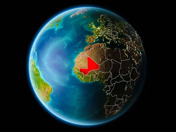 Mali görünür kenarlık çizgisi ve şehir ışıkları ile son derece detaylı yüzey dokuları ile gece Dünya gezegeninin yörüngeden. 3D çizim. Nasa tarafından döşenmiş bu görüntü unsurları.